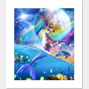 Rainbow Space Mermaid Unicorn, Mermicorn, Dolphin Posters and Art